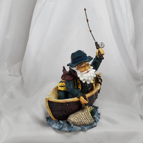 VTG Hand-Painted Santa Fisherman Figurine Boat With Fishing Rod Nautical Resin - Picture 6 of 11